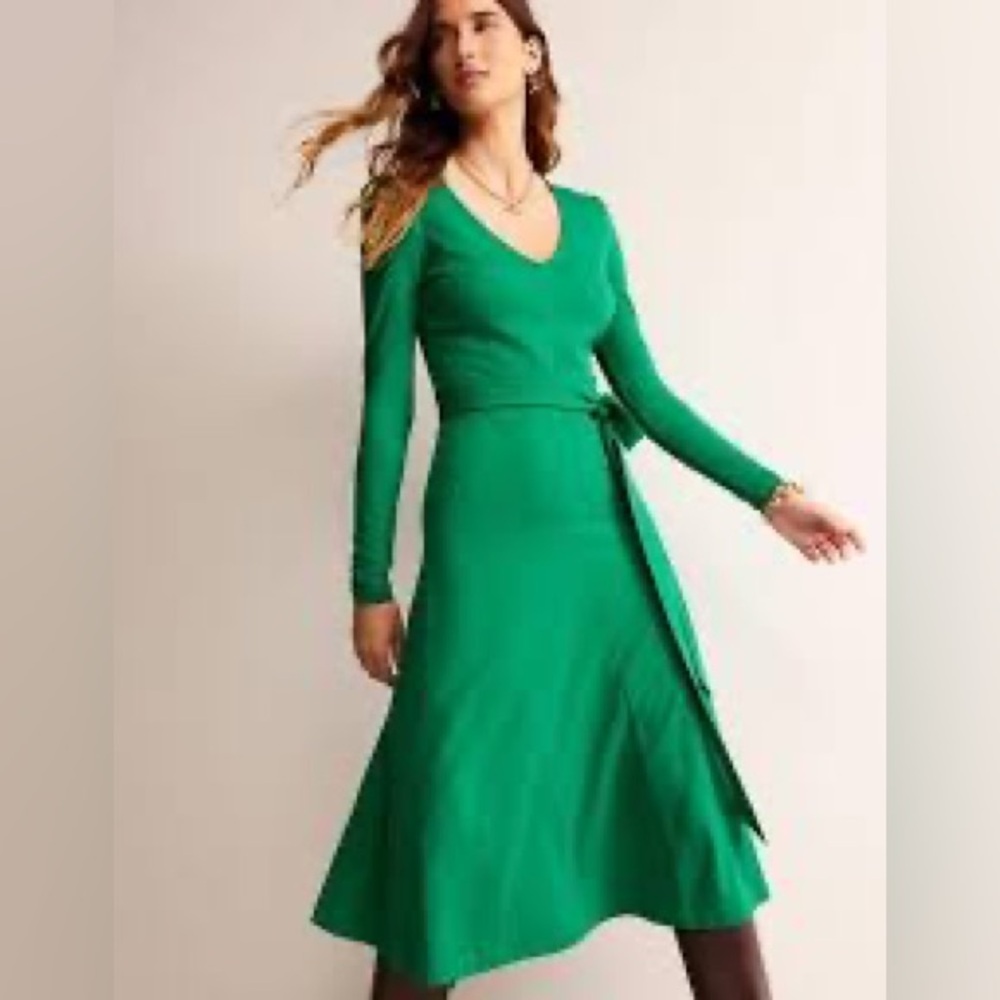 Boden Emilie Solid Green Jersey Knit Long Sleeve Midi Dress Tie Waist Size 6 NWT - Picture 1 of 11